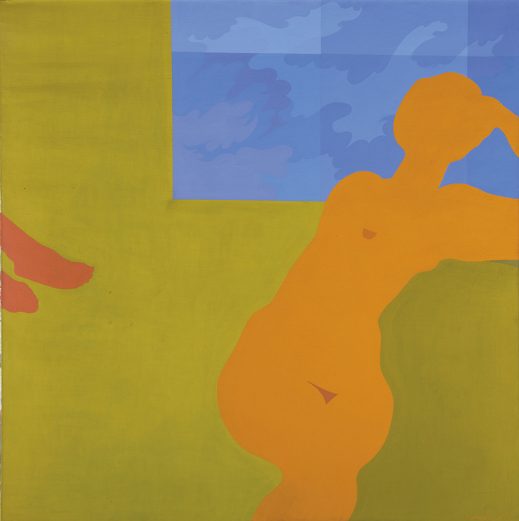 An orange figure sitting in a field of green and blue.