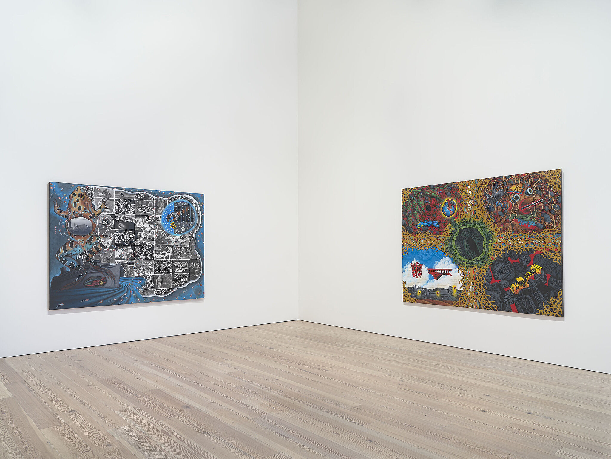 An image of the Whitney galleries with paintings on the wall