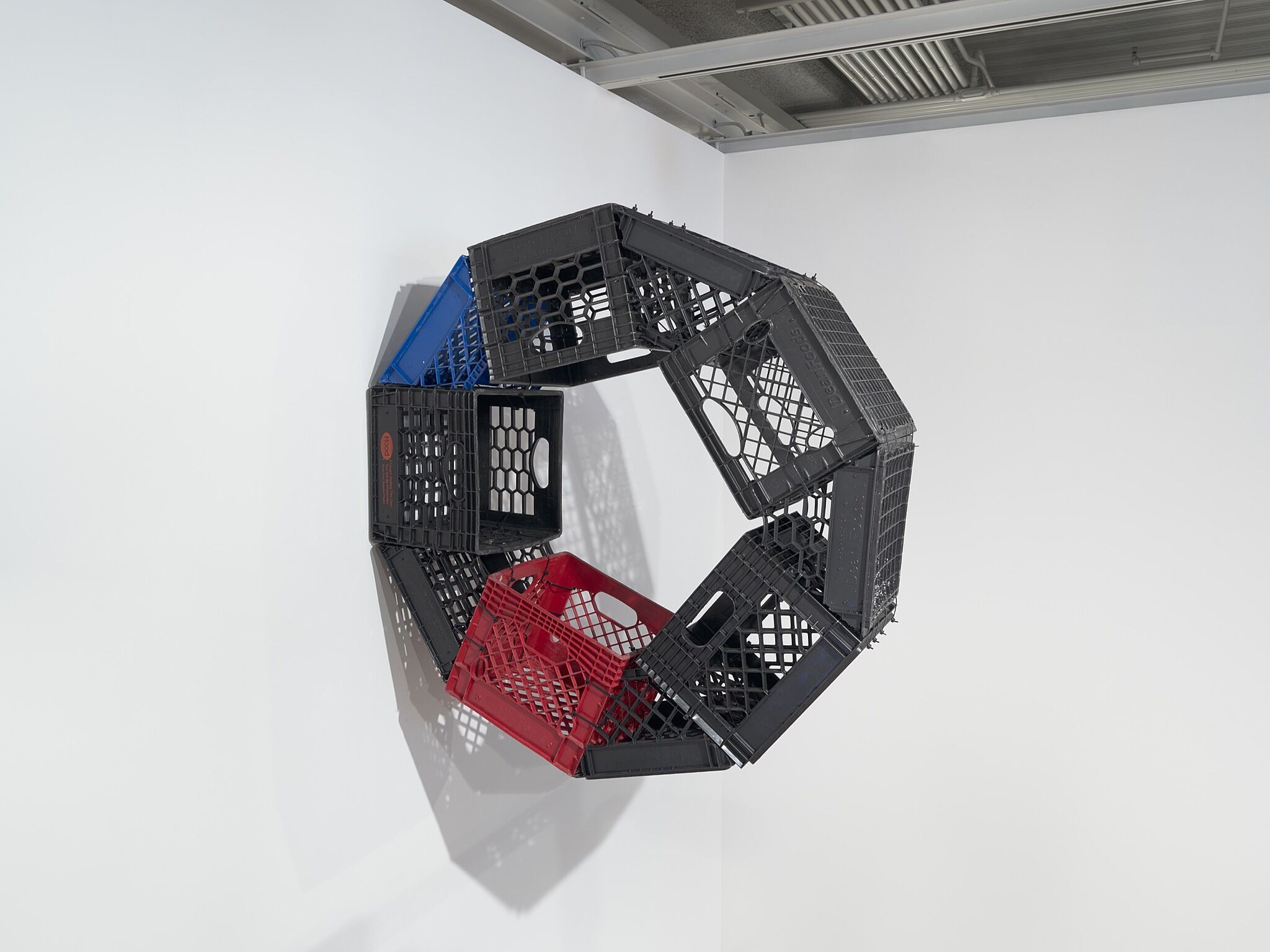 An artwork made of milk crates.