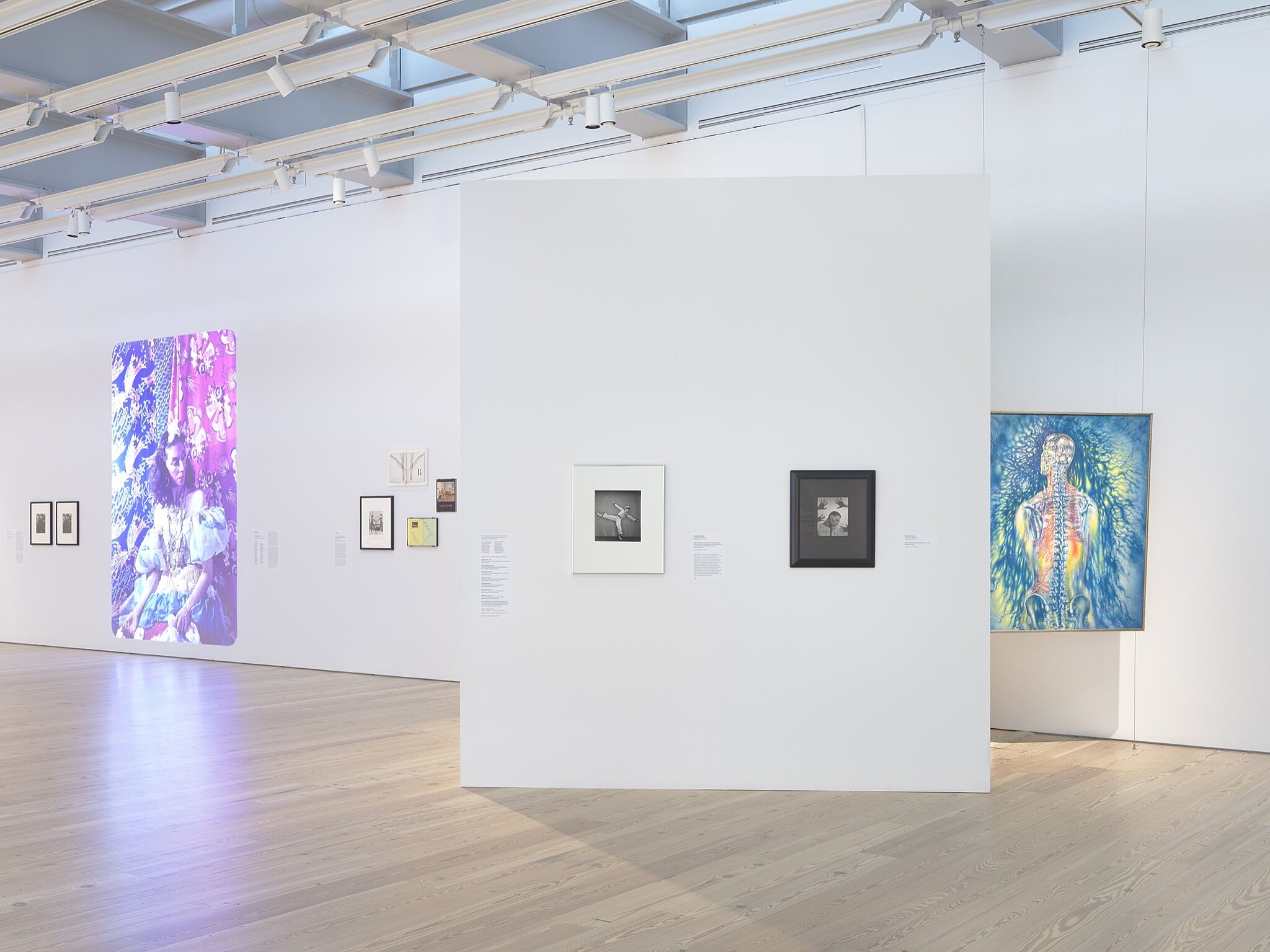 A photo of the Whitney galleries with various artworks.