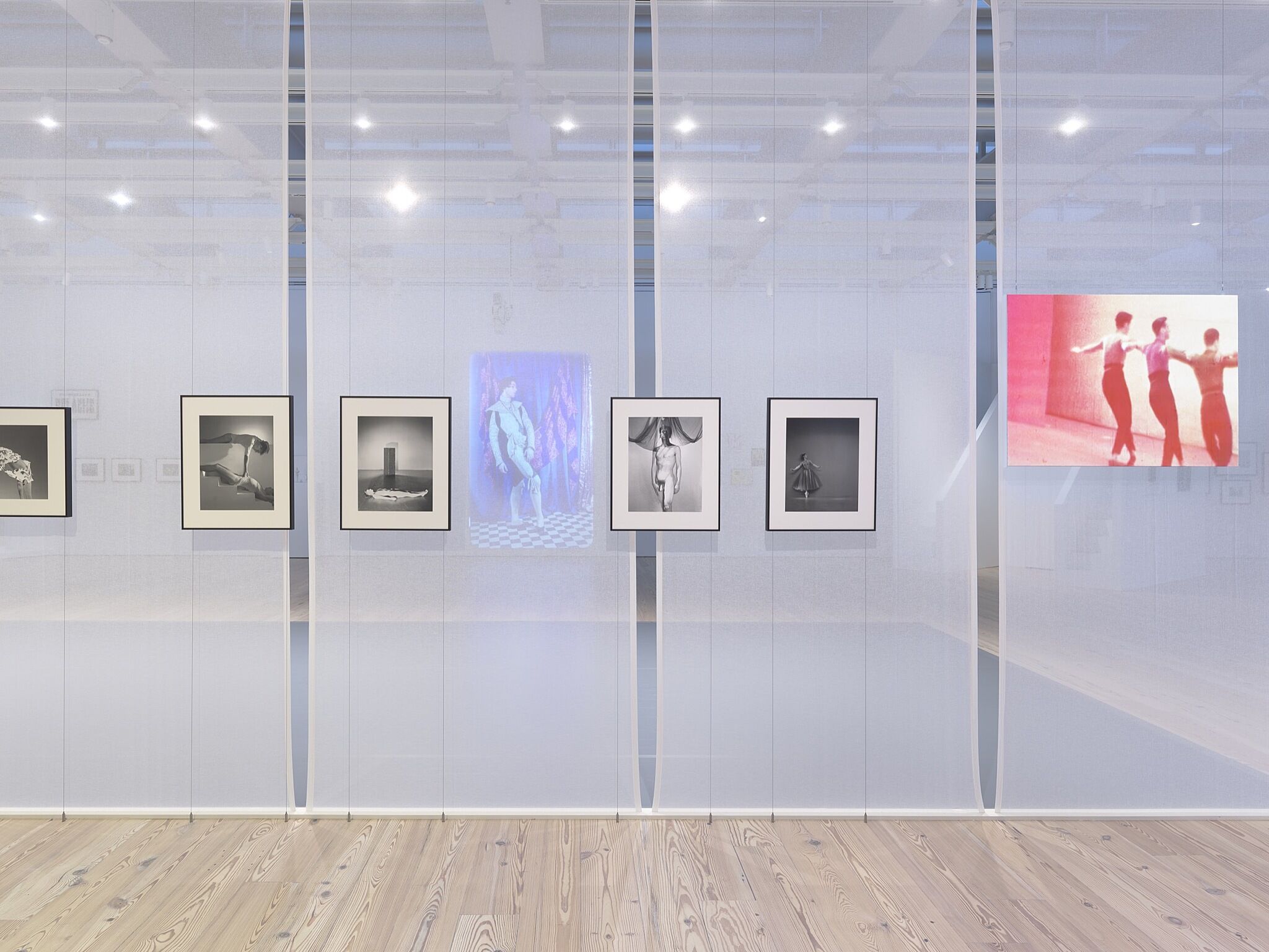 A photo of the Whitney galleries with various photos and videos on the wall.