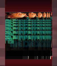 Pinkish red bars on the sides of the image, with compressed horizontal green bars of what appears like text stacked in the center. On top a sequence of human faces are squished and distorted.